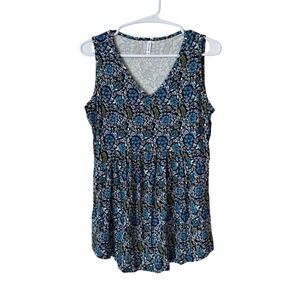 Tencede Womens Blue Black Floral V-Neck Empire Waist Sleeveless Babydoll Top M